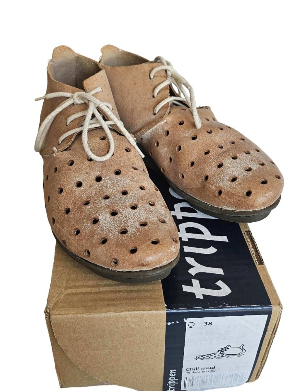 TRIPPEN MUD BROWN PENNA CHILL DISTRESSED LEATHER LACE UP SHOES (38)